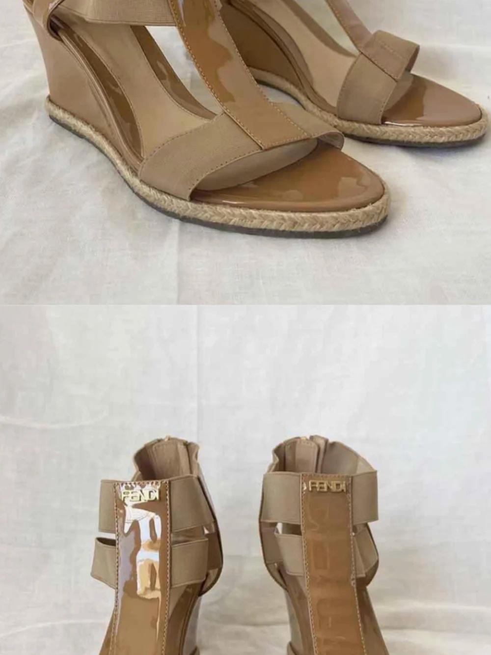 Fendi Beige Patent & Elastic Wedge Sandals Made in Italy 🇮🇹 Size 37.5